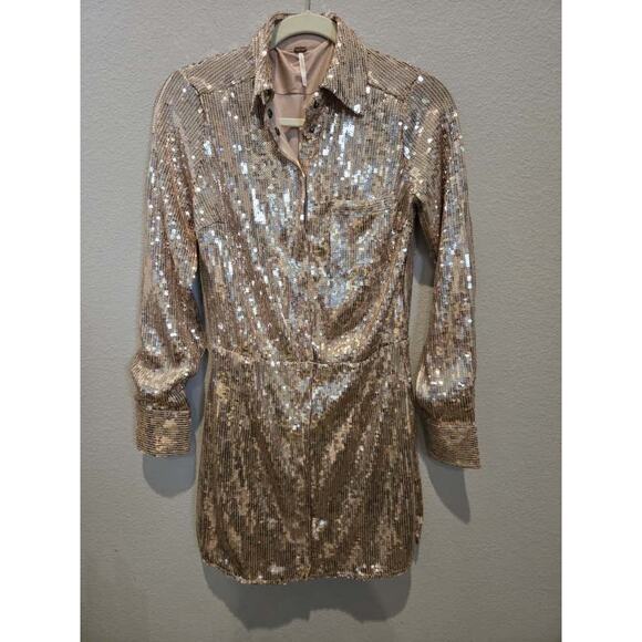 Free People Dresses & Skirts - Free People Sophie Sequin Mini Dress Gold Long Sleeve Party Size XS